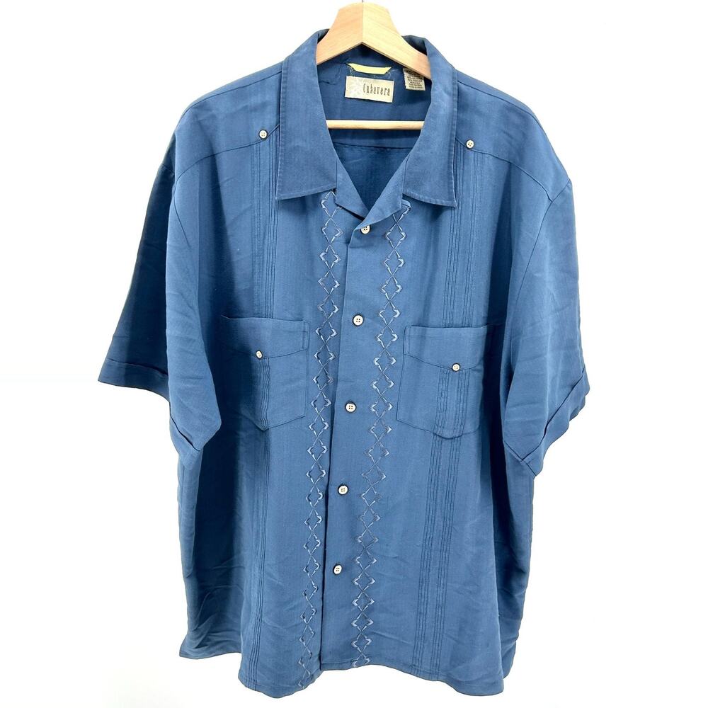 Cubavera Blue Embroidered Guayabera Camp Collar Short Sleeve Shirt